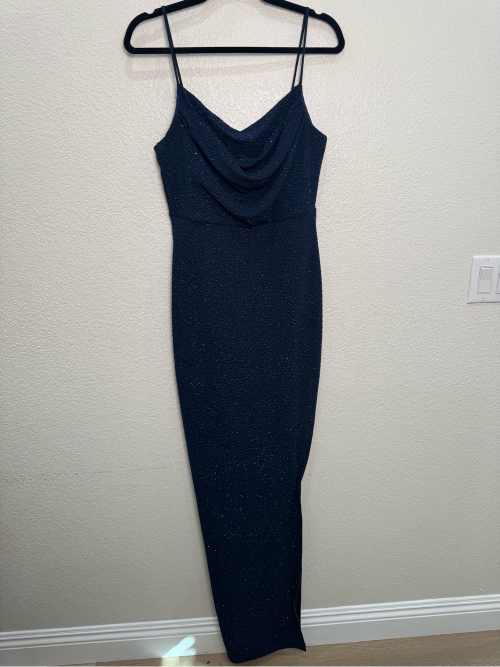 Windsor XL Navy Blue Glitter Cowl Neck Maxi Dress Side Slit Formal Gown